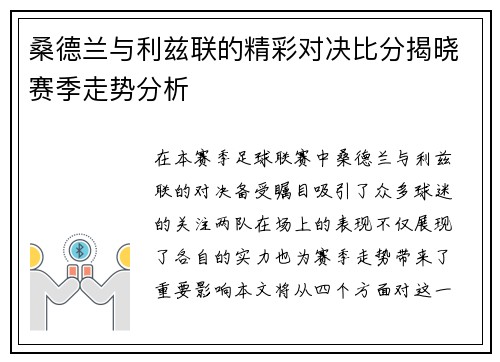 桑德兰与利兹联的精彩对决比分揭晓赛季走势分析